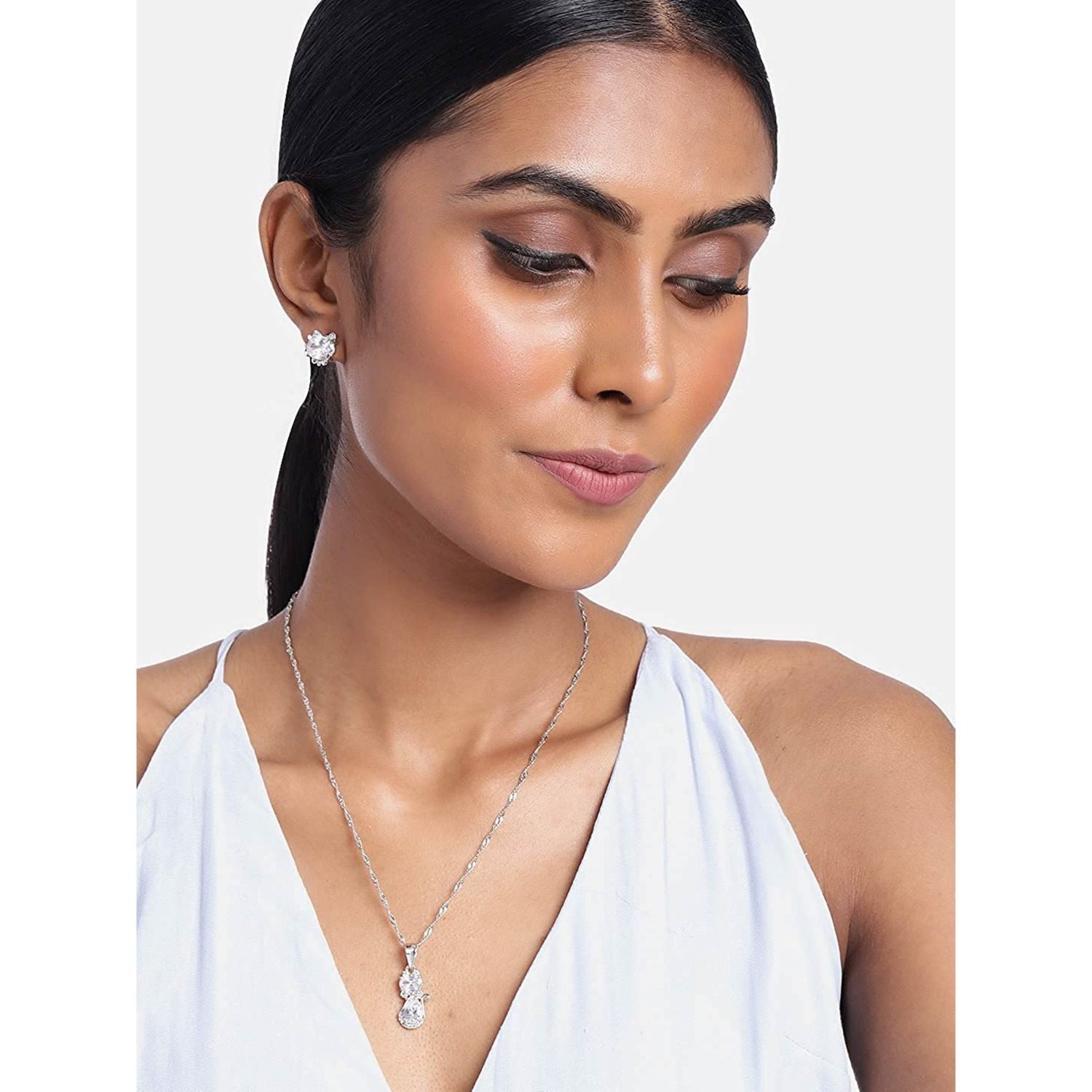 Silver Cubic Zirconia Pendant Set & Adjustable Bracelet