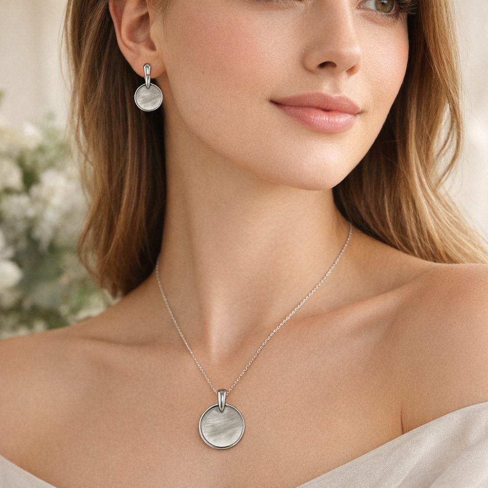 Lily- Silver-Tone Round Pendant Necklace & Stud Earrings Set