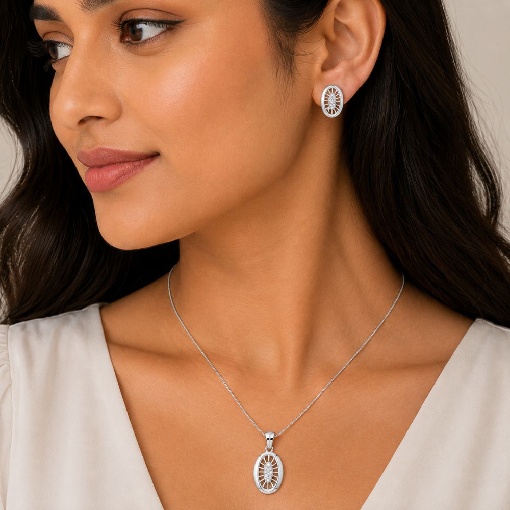 Tia - Silver Shine Oval Pendant Set