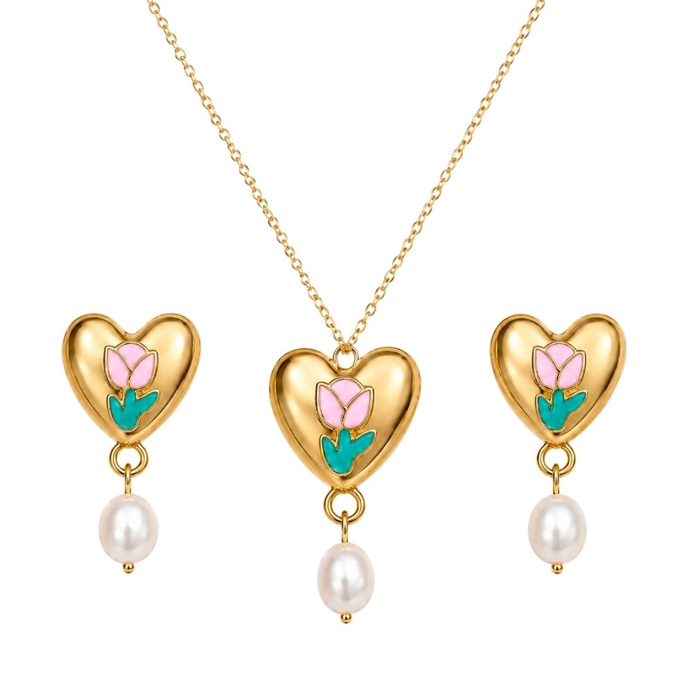 Sylvie- Heart Floral Pearl Drop Necklace