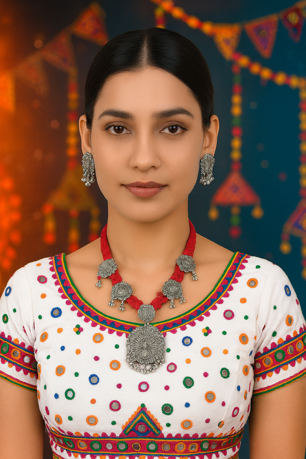 Oxidised Peacock Motif Red Necklace Set with Earrings - Traditional Wear