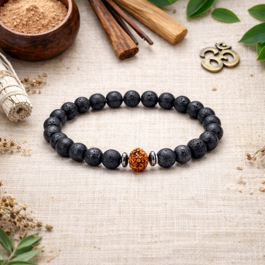 Unisex Spiritual Energy & Protection Bracelet - Rudraksha & Black Lava Stone