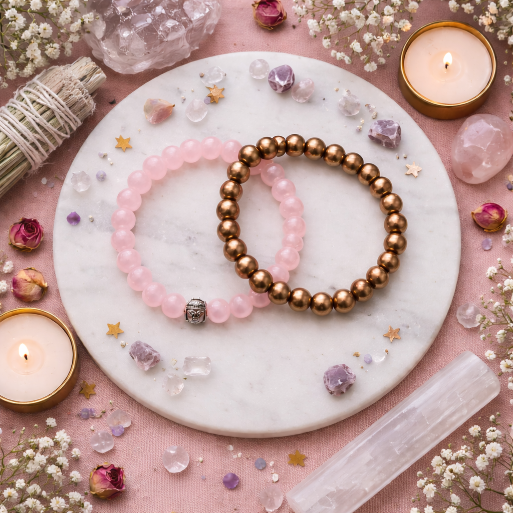 Unisex Money & Love Bracelet Combo - Rose Quartz & Gold Beads Buddha Bracelet