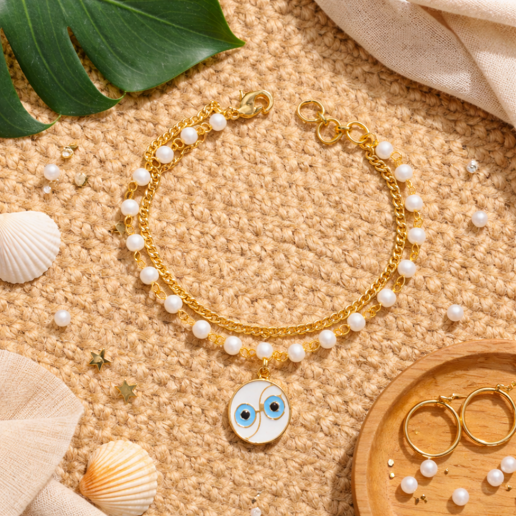 Dual Chain Evil Eye Charm Bracelet with Pearls