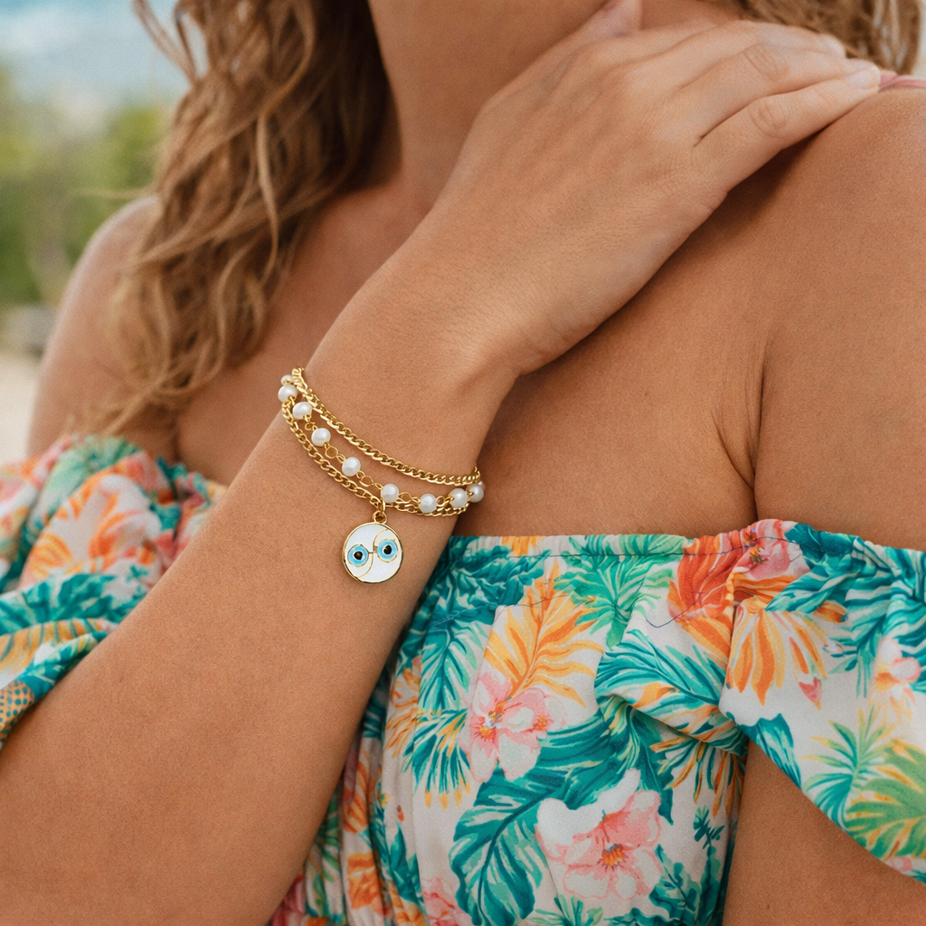 Dual Chain Evil Eye Charm Bracelet with Pearls