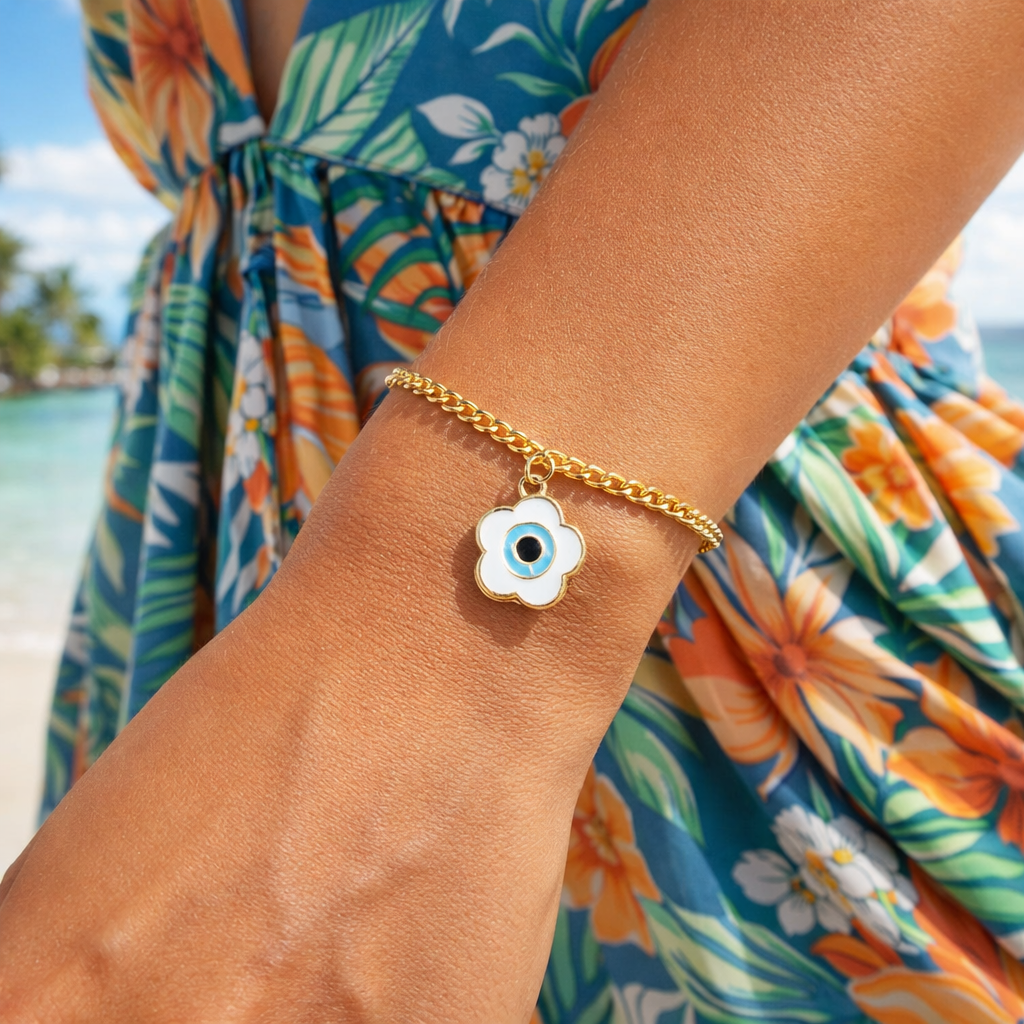 Evil Eye Flower Charm Bracelet