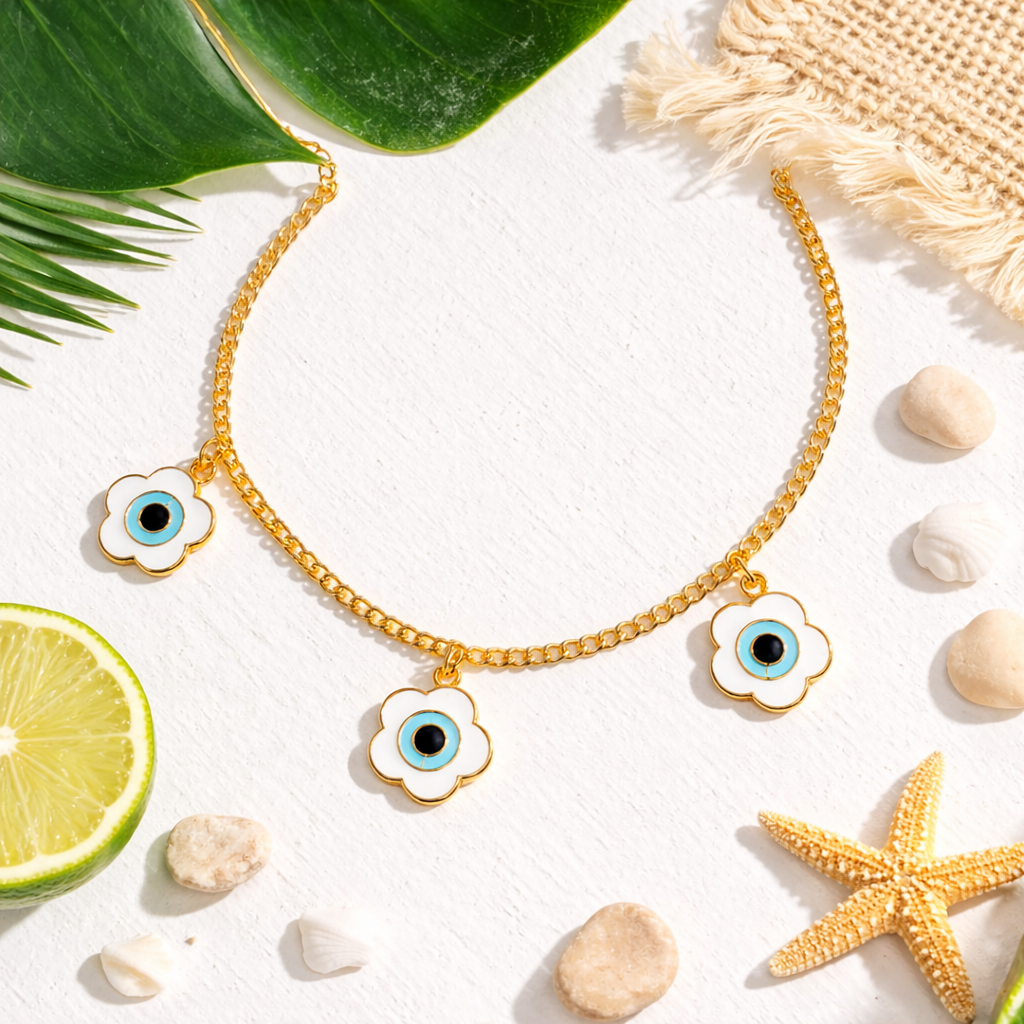 Evil Eye Triple Flower Charm Bracelet