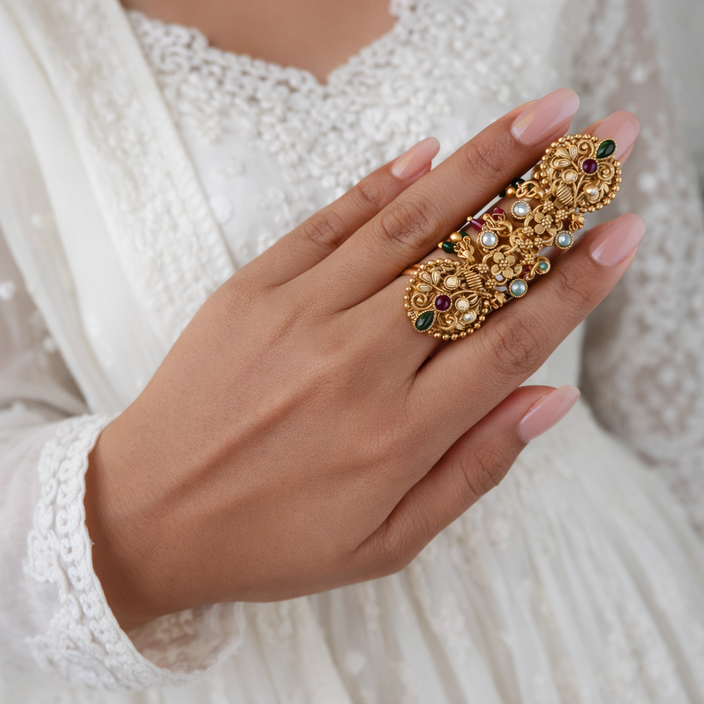 Raviksha - Gold-Plated Floral Full-Finger Ring