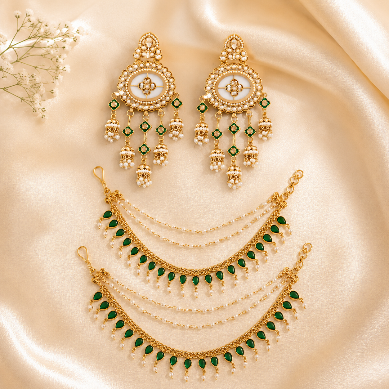 Pearl and Green Stone Kundan Earrings with Layered Beaded Ear Chains (Earring + Earchain Combo)