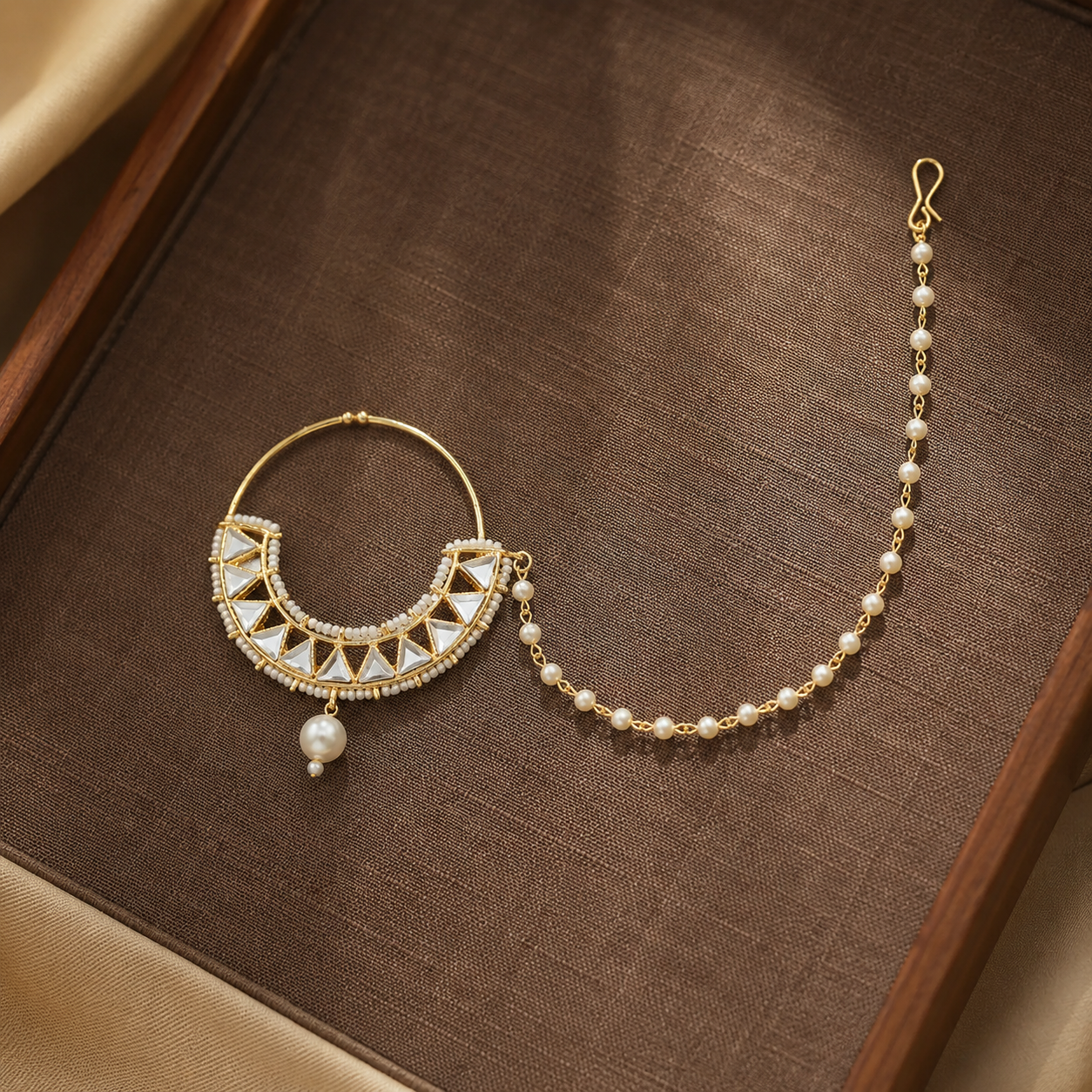 Gold-Plated White Kundan-Studded Nose Ring With Pearl Chain