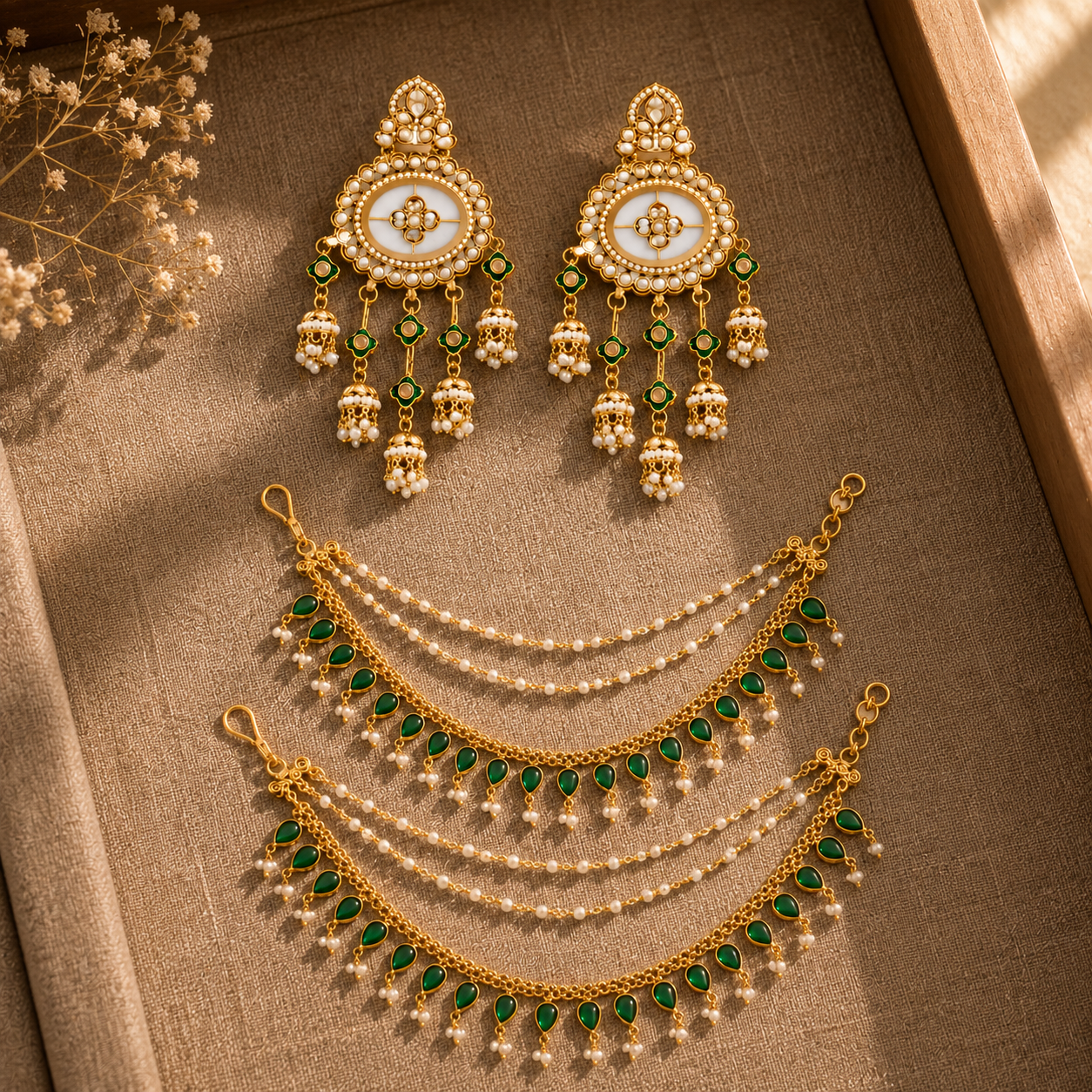 Pearl and Green Stone Kundan Earrings with Layered Beaded Ear Chains (Earring + Earchain Combo)