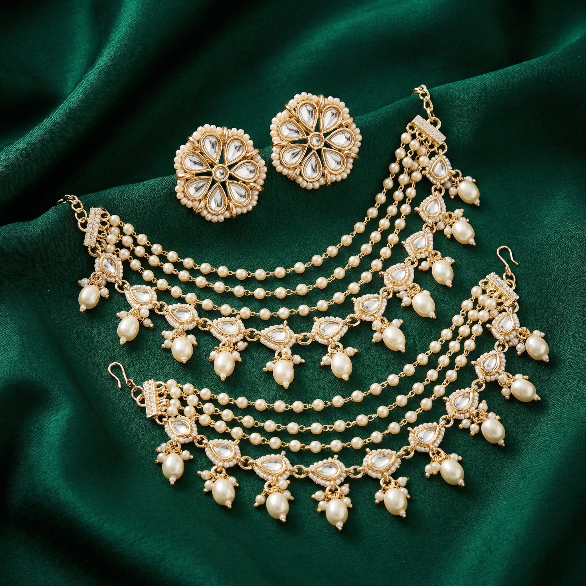 Round Kundan Earrings with Multi-Layer Pearl Ear Chains (Earring + Earchain Combo)