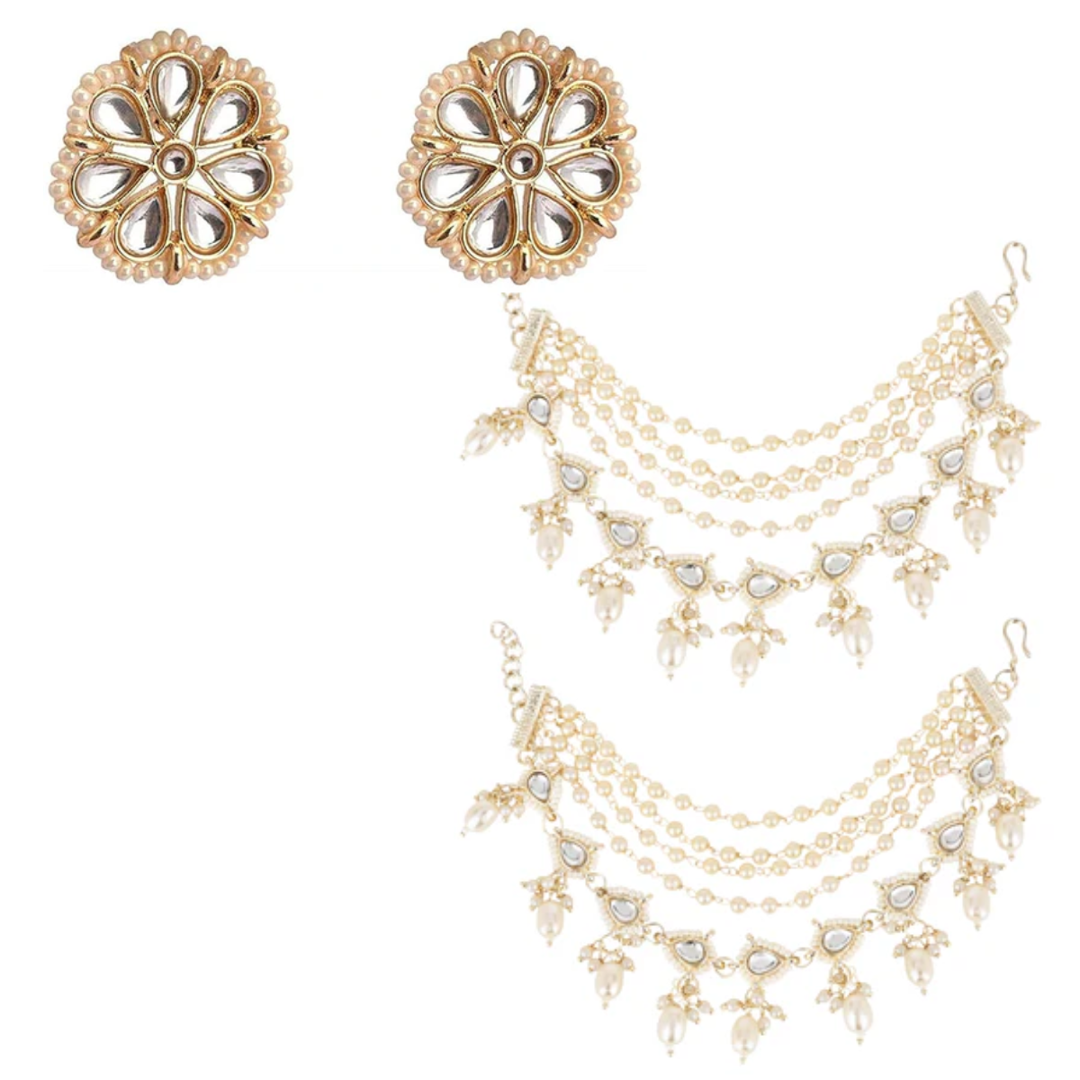 Round Kundan Earrings with Multi-Layer Pearl Ear Chains (Earring + Earchain Combo)