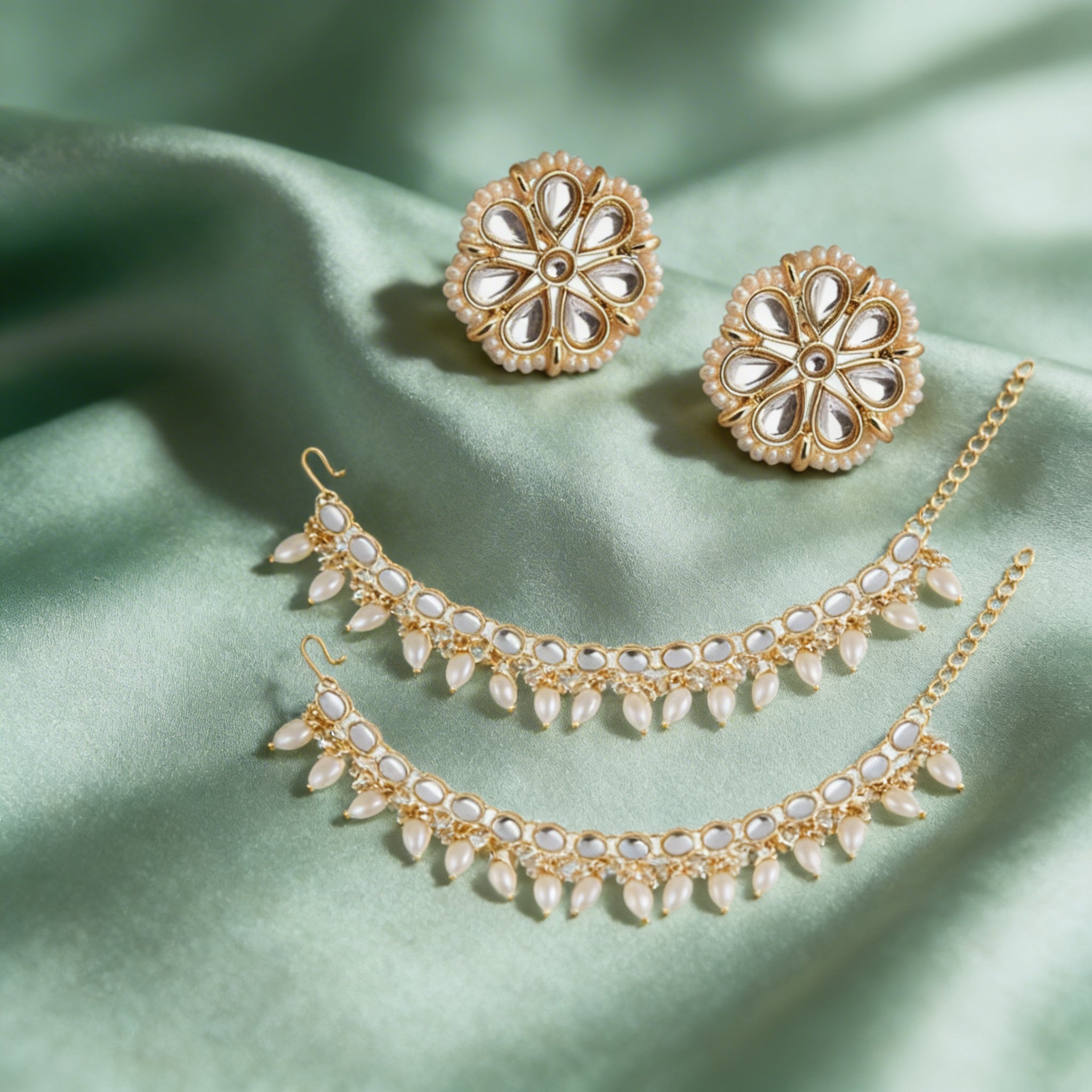 Kundan Floral Stud Earrings with Pearl Drop Detachable Ear Chains for Women (Earring + Earchain Combo)