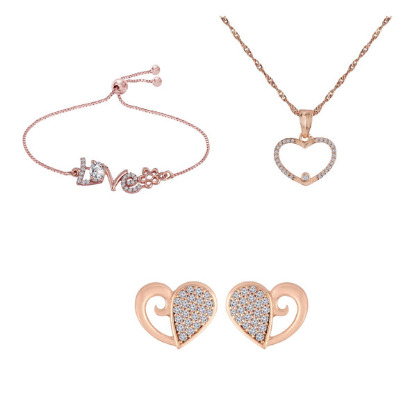 Rose Gold Cubic Zirconia Studs, Pendant Set & Adjustable Bracelet