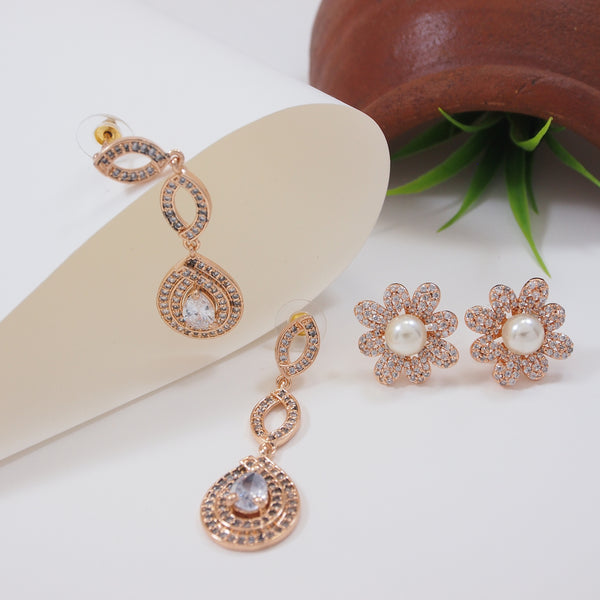 (Pack of 2) Rose Gold Cubic Zirconia Stud Earrings