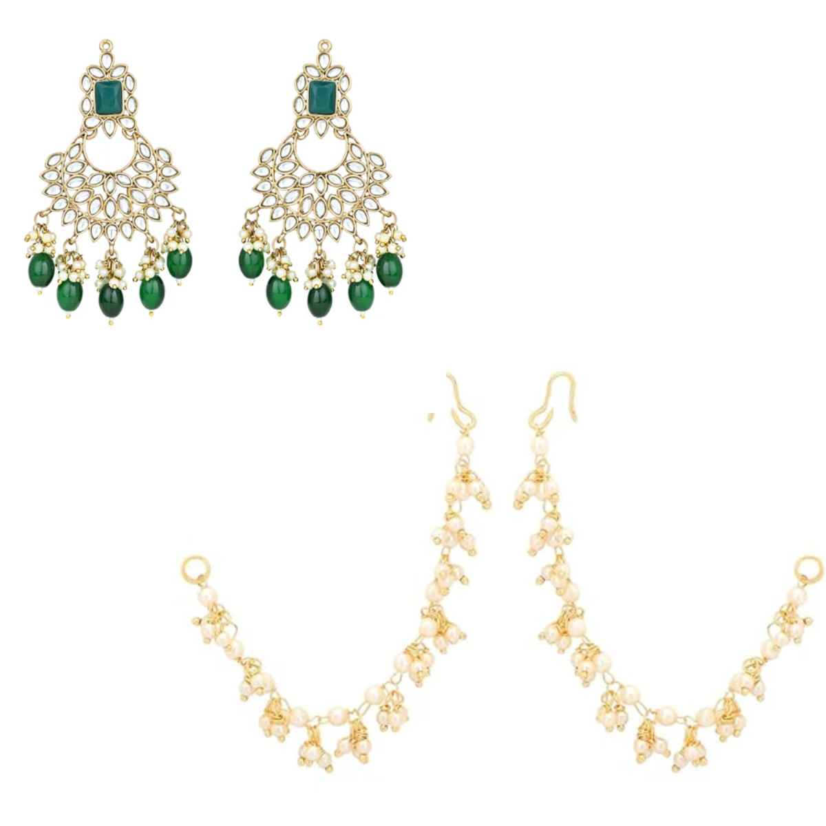 Green Stone Chandbali Earrings with Pearl Ear Chains (Earring + Earchain Combo)