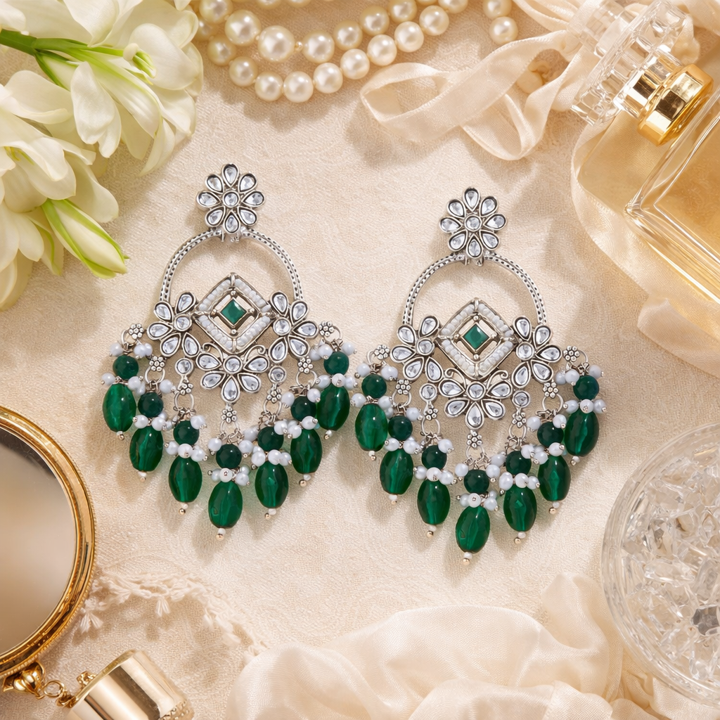 Jeel Rhodium Green Earrings