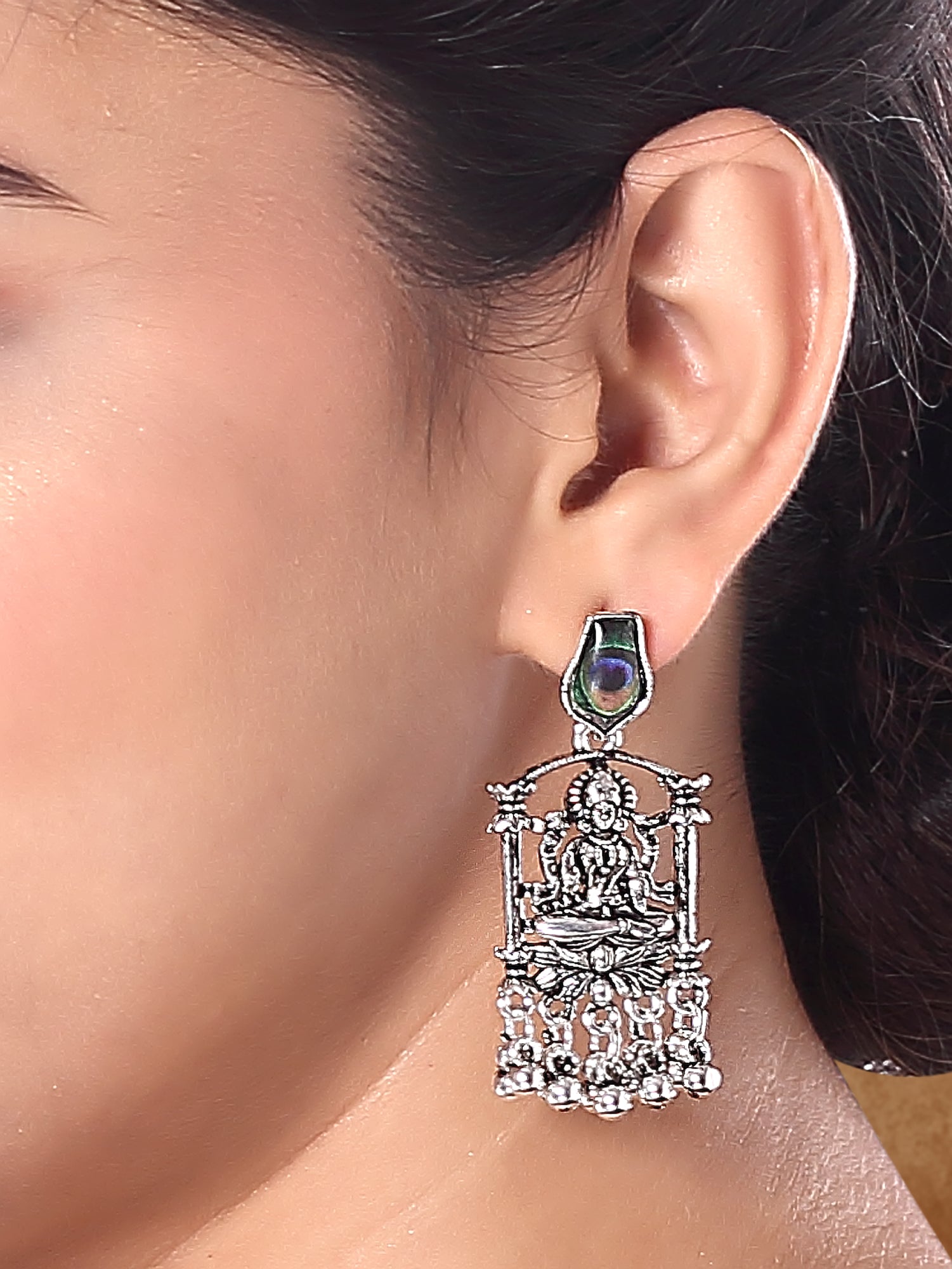Maa Lakshmi Oxidised Peacock Earrings