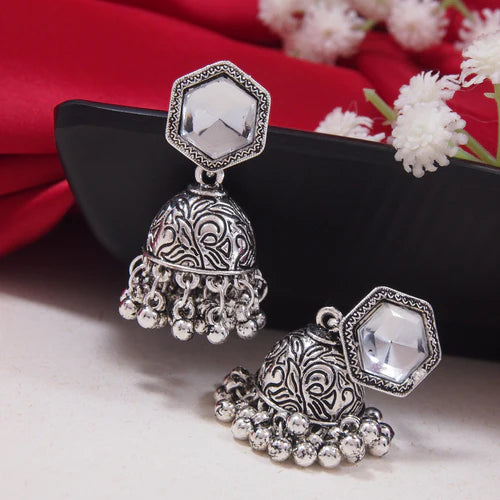 Oxidised Silver Jhumka Earrings with Layered Chain Ghungroo Ear Chains (Earring + Earchain Combo)