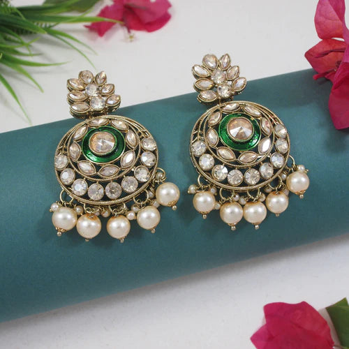 Round Kundan Earrings with Emerald Beaded Ear Chains (Earring + Earchain Combo)