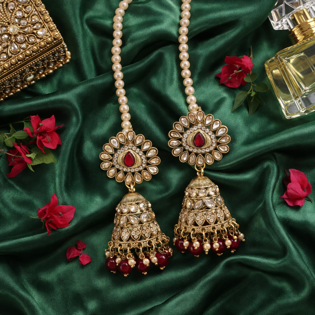 I Jewels gold plated traditional kundan pearl jhumka earrings with ear chain for women