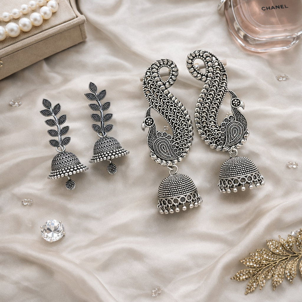 (Pack of 2) Silver Oxidised Earrings