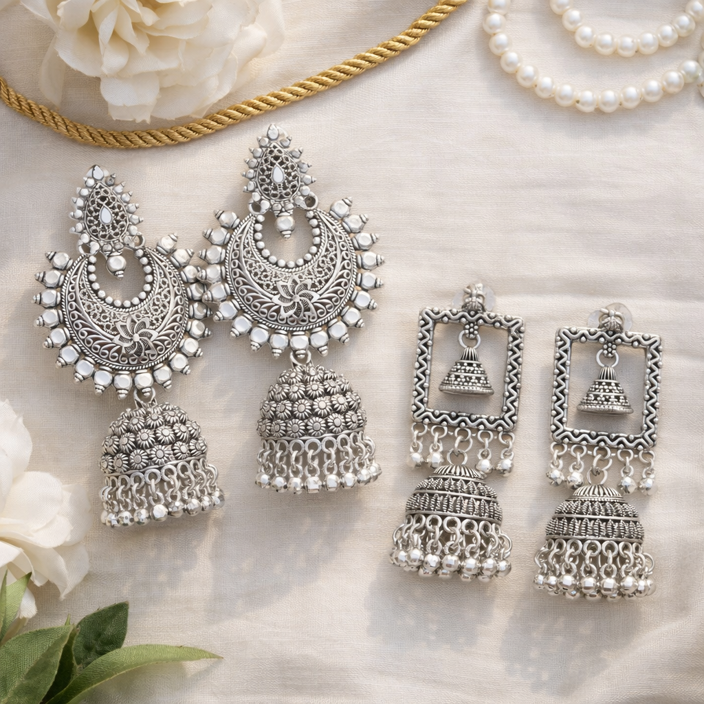 (Pack of 2) Silver Oxidised Earrings