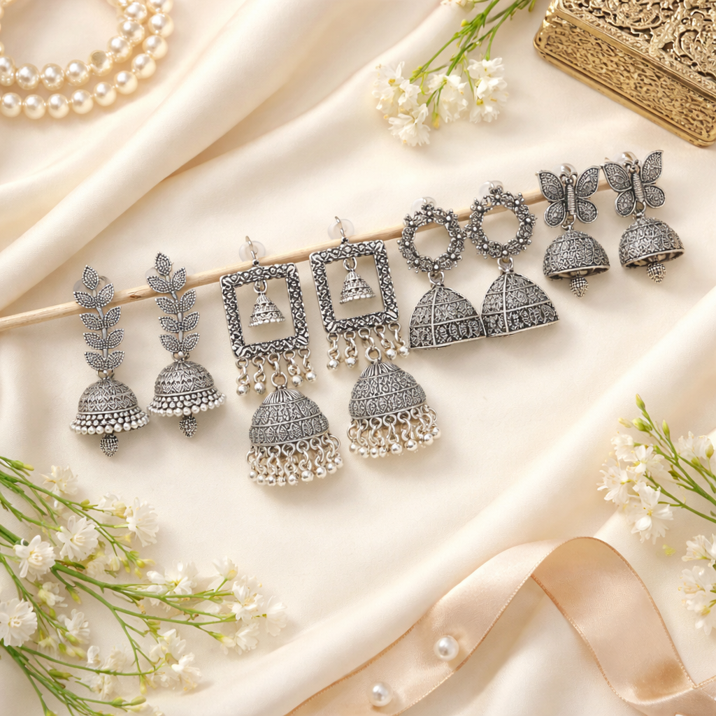 (Pack of 4) Silver Oxidised Earrings