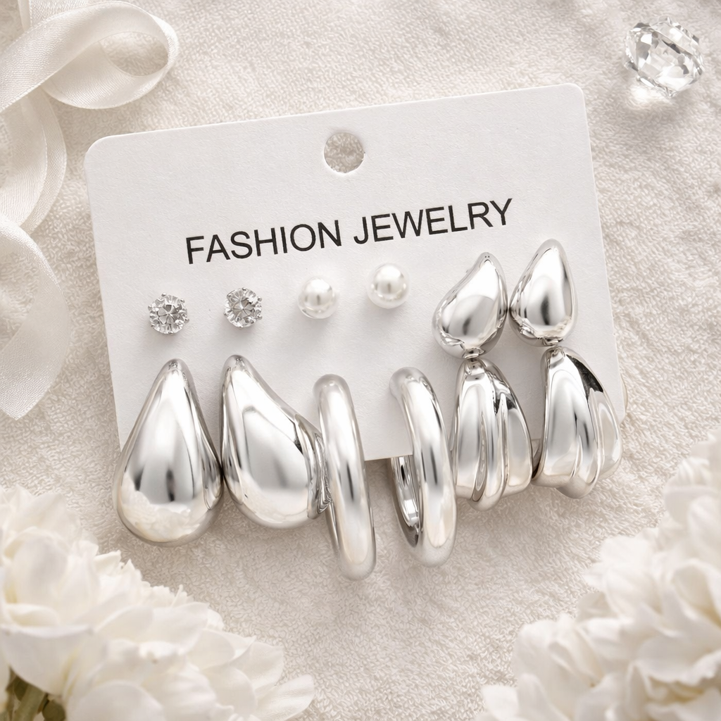 (Pack of 6) Elegant Silver-Toned Earrings Combo Set