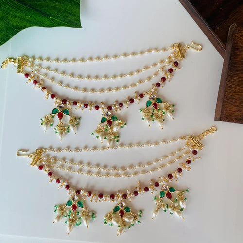 Temple Design Earrings with Colourful Beaded Ear Chains (Earring + Earchain Combo)