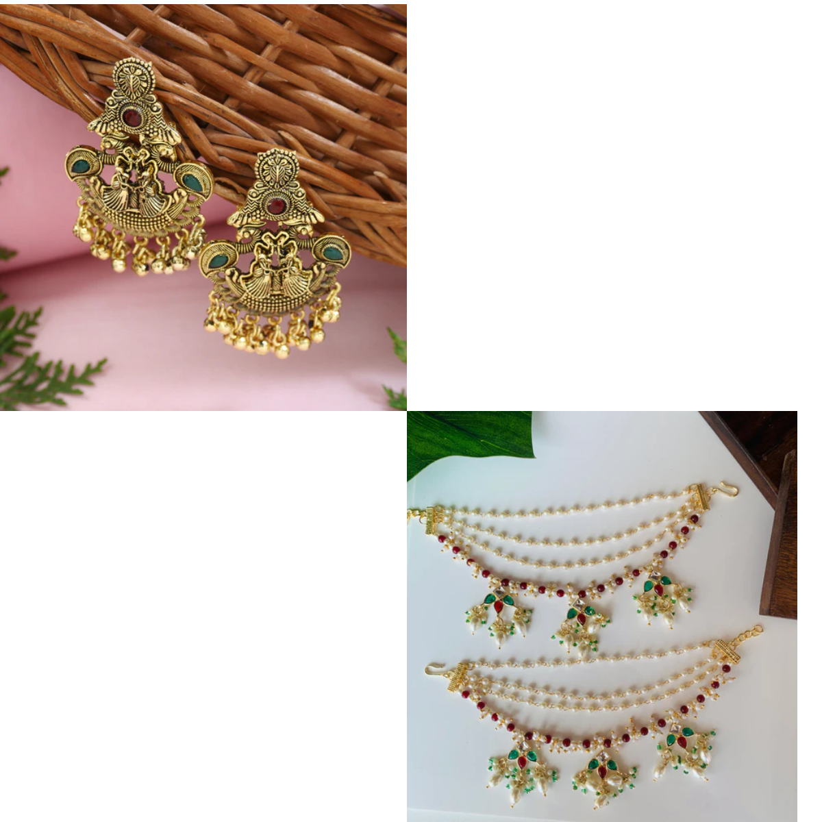 Temple Design Earrings with Colourful Beaded Ear Chains (Earring + Earchain Combo)