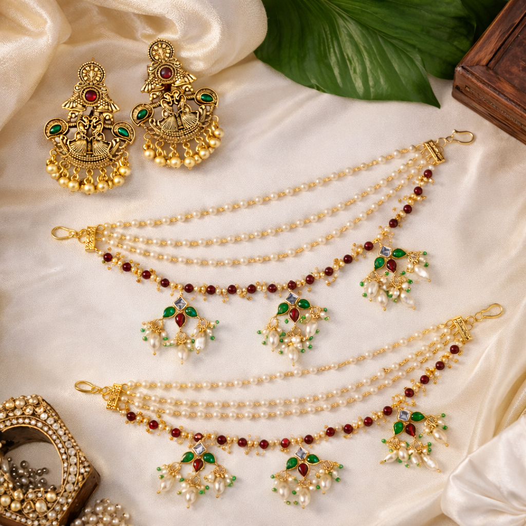 Temple Design Earrings with Colourful Beaded Ear Chains (Earring + Earchain Combo)