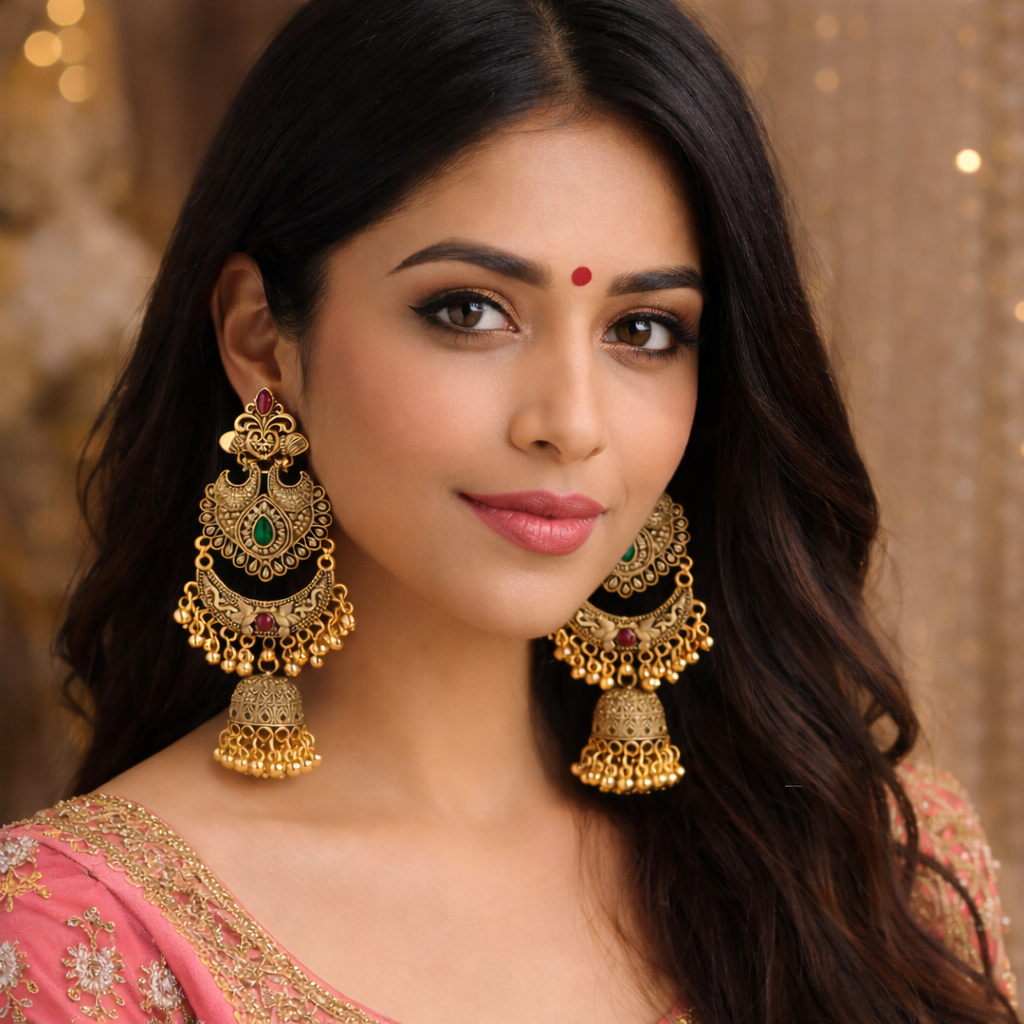 Layered Antique Gold Earrings – Ethnic Jhumka Style