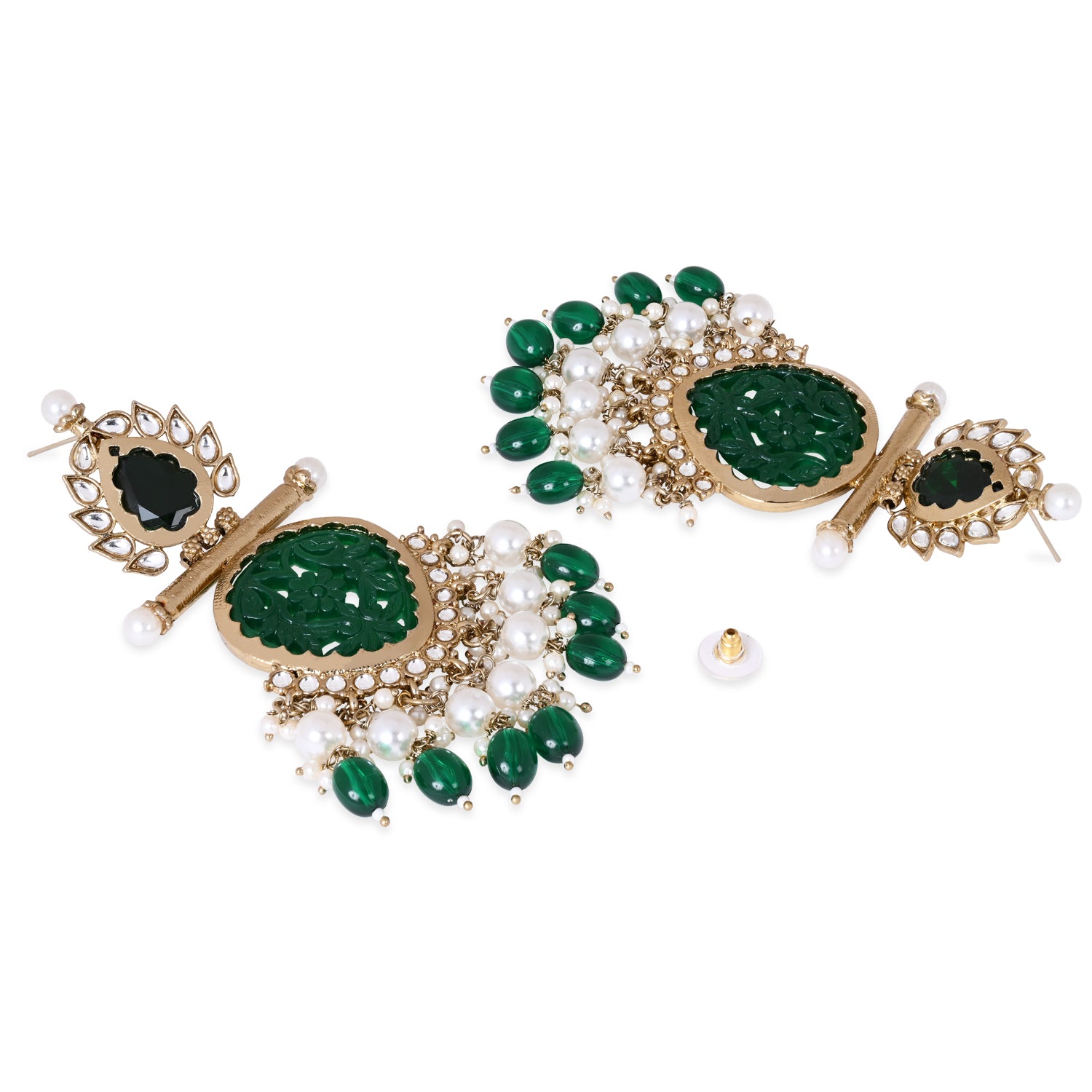 Kundan and Green Pearl Embellished Earrings - For Traditional Looks