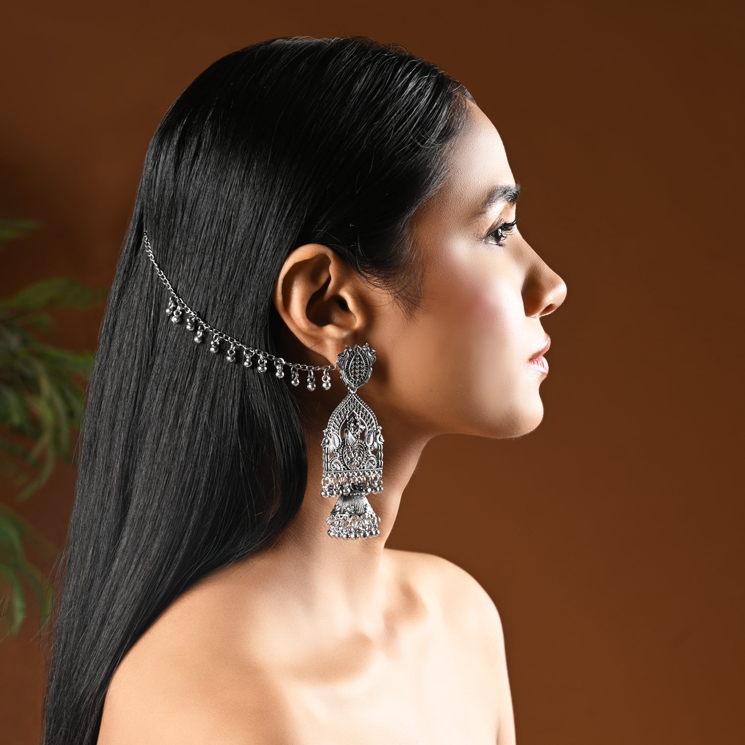 Noor-E-Mehfil – Floral Chain Oxidised Earrings