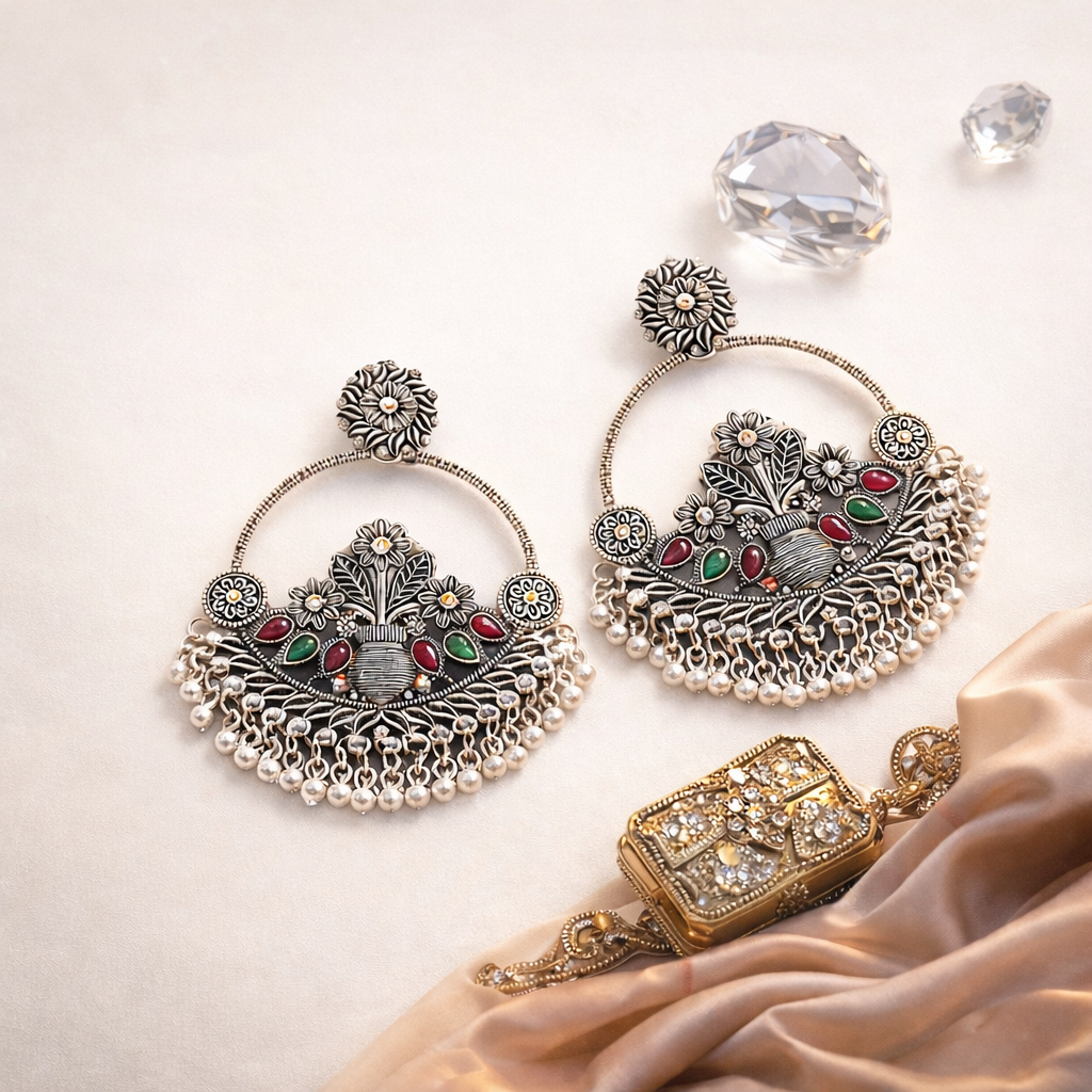 Phoolon Ka Jharokha – Oxidised Floral Earrings
