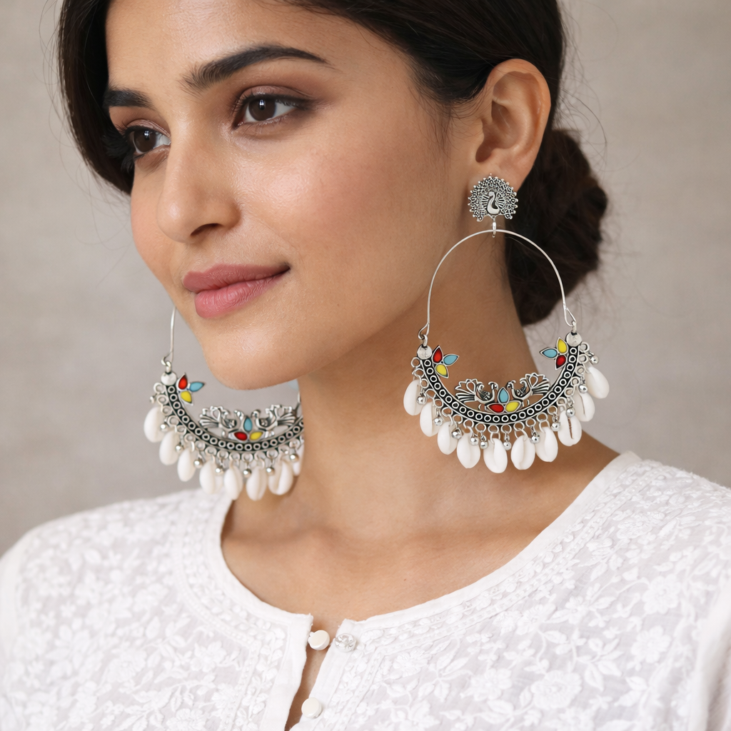 Morni Baag – Oxidised Hoop Earrings with Cowrie Shells