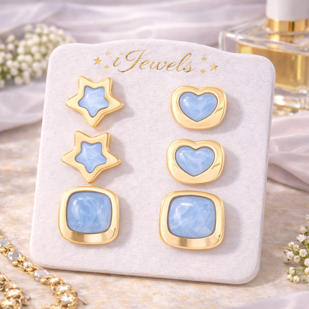 Blue Bliss – Set of 3 Quirky Enamel Stud Earrings