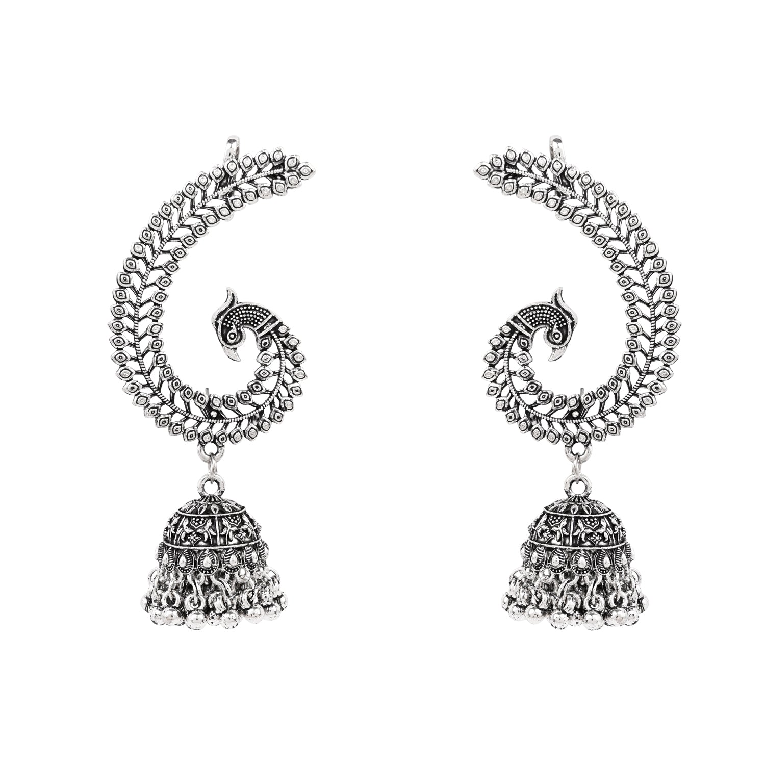 Oxidised Peacock Ear Cuffs with Jhumka Detailing – Navratri Collection