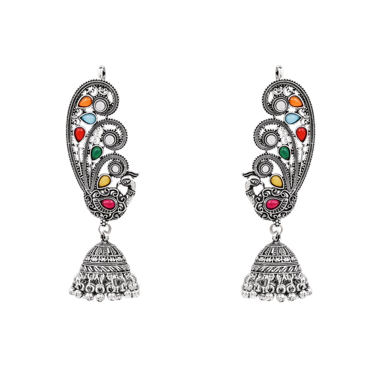 Multicolor Peacock Design Oxidised Ear Cuffs with Jhumka