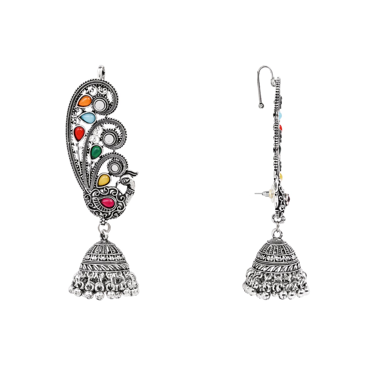 Multicolor Peacock Design Oxidised Ear Cuffs with Jhumka