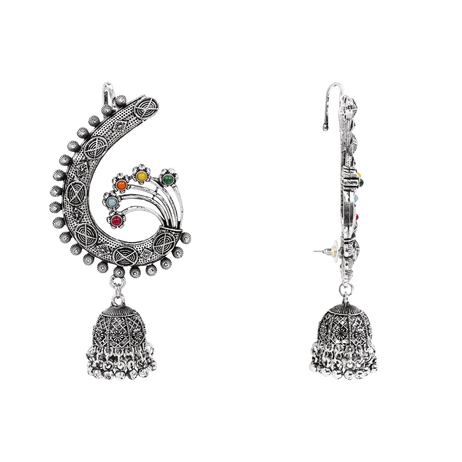Round Floral Multicolor Oxidised Ear Cuffs with Ghungroo