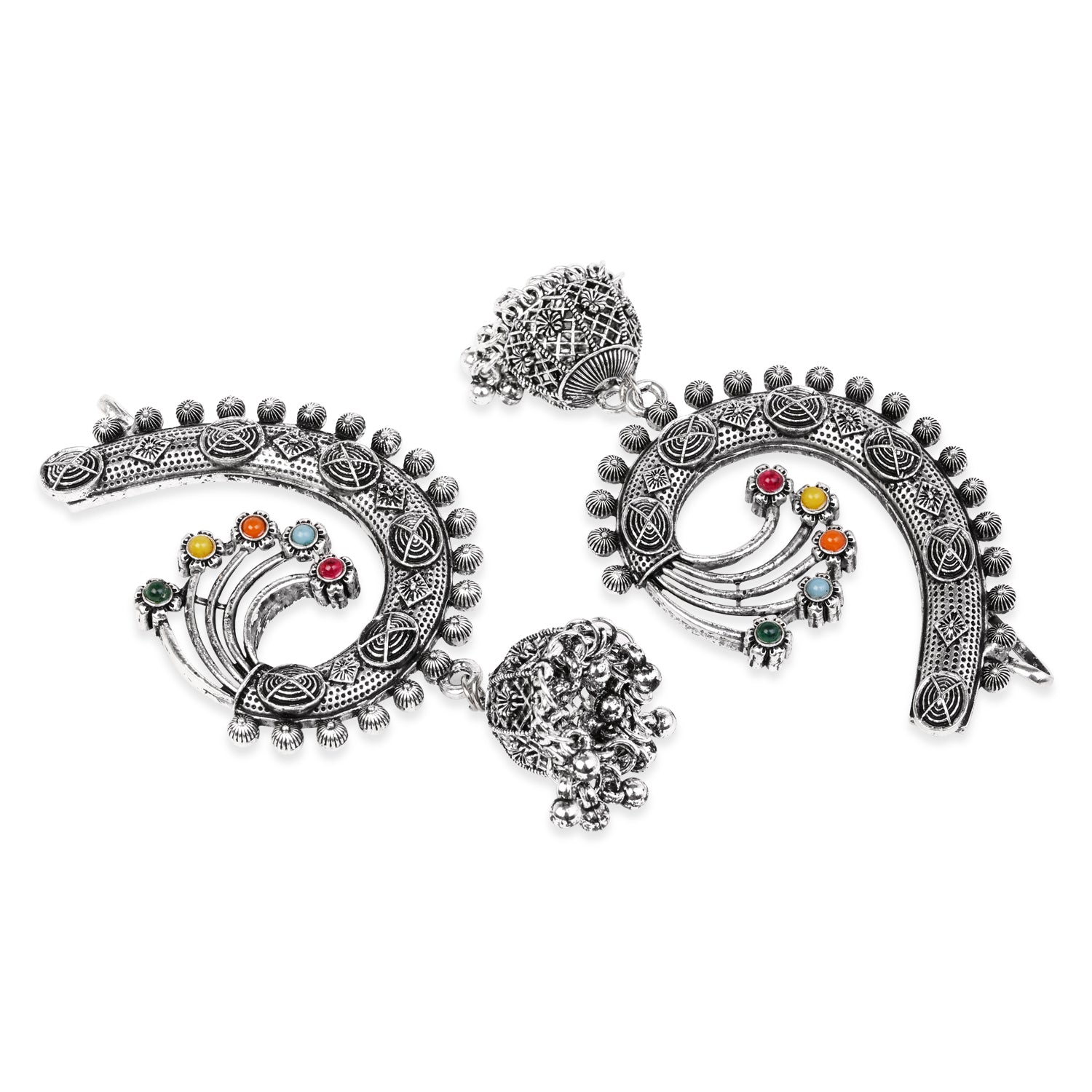 Round Floral Multicolor Oxidised Ear Cuffs with Ghungroo