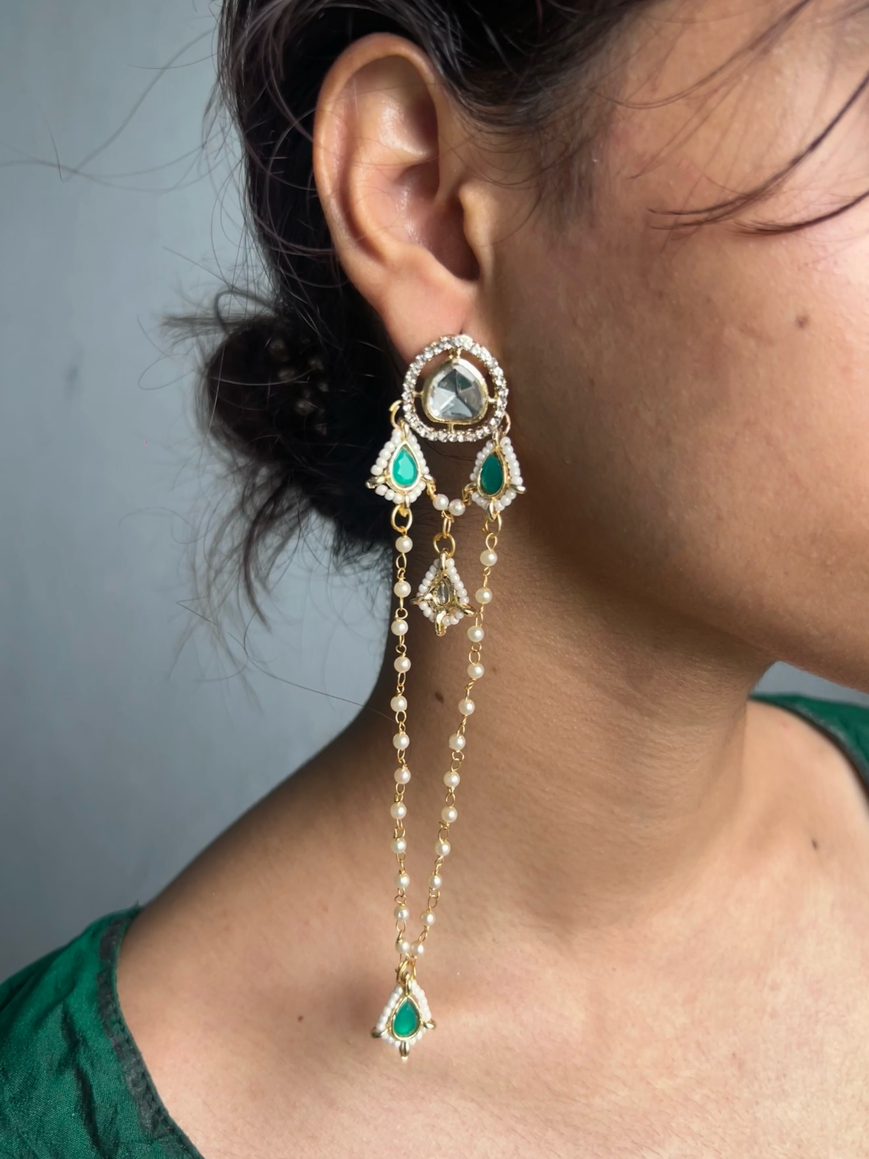 Gold Plated Kundan Earrings with Double Layer Ear Chains