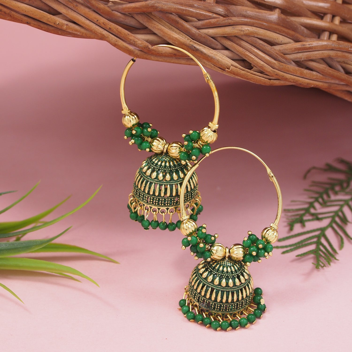 green hoop jhumka earrings with bead detailing for women