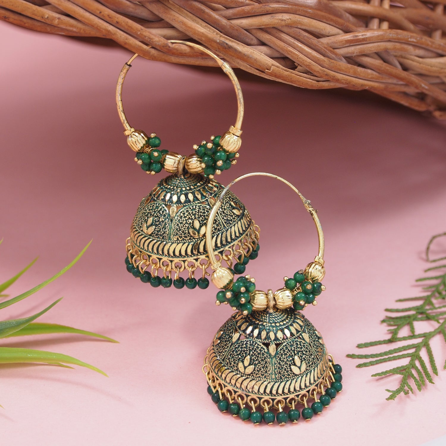 hoop jhumka earrings with green beads