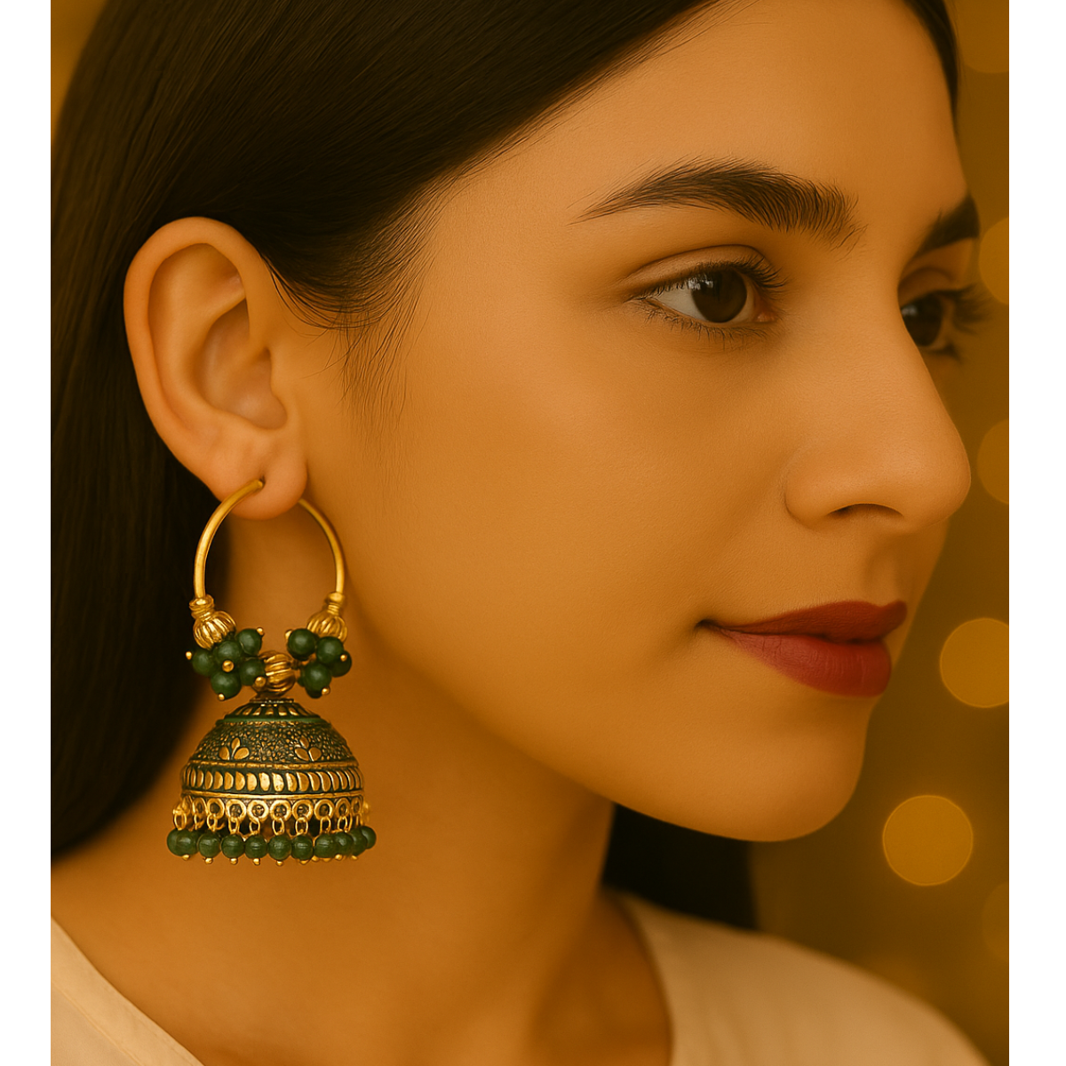 Hoop Jhumka Earrings with Green Beads