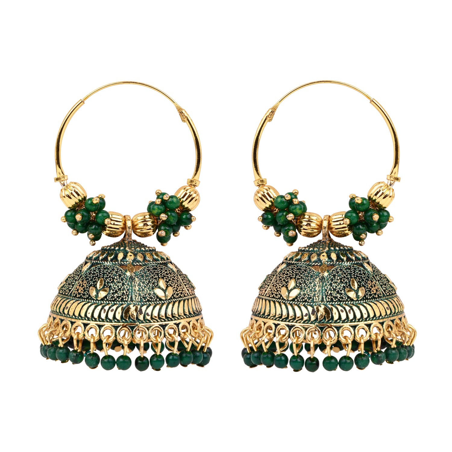 Hoop Jhumka Earrings with Green Beads