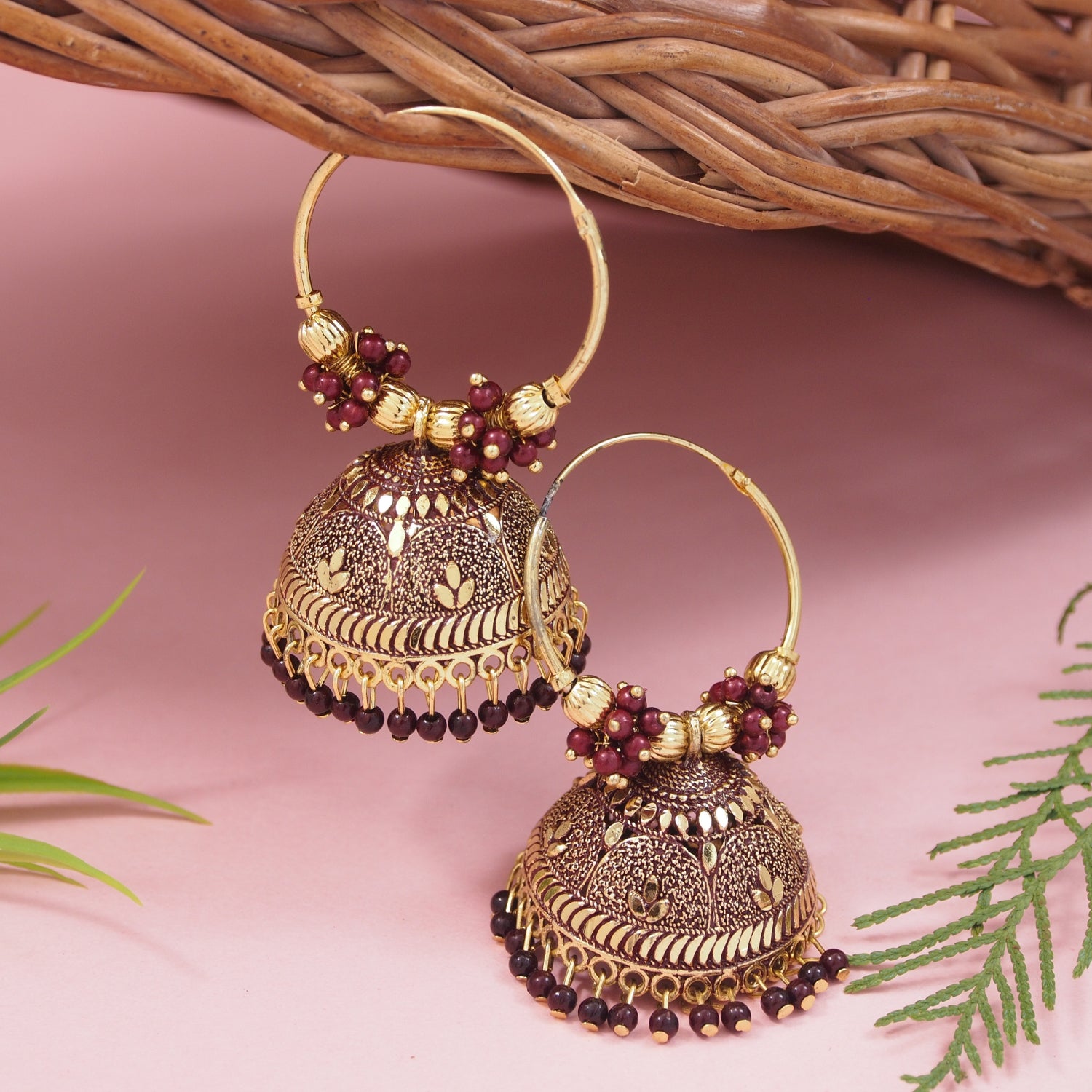 hoop jhumka earrings with maroon beads